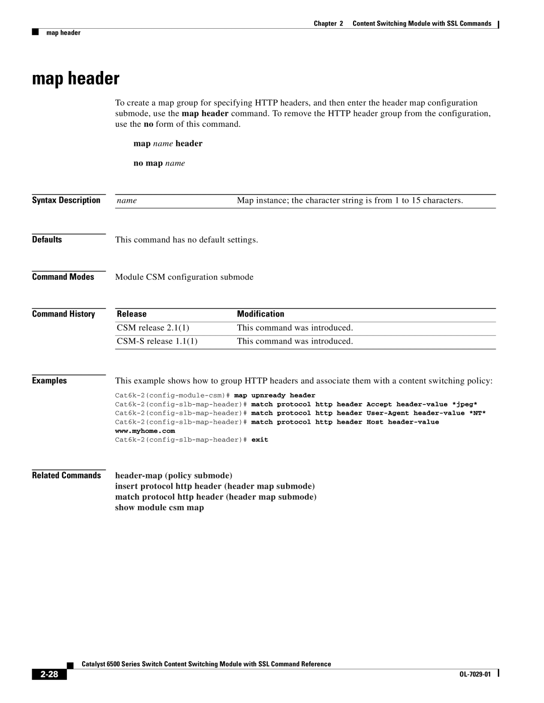 Cisco Systems OL-7029-01 manual Map header, Map name header no map name, Header-map policy submode 