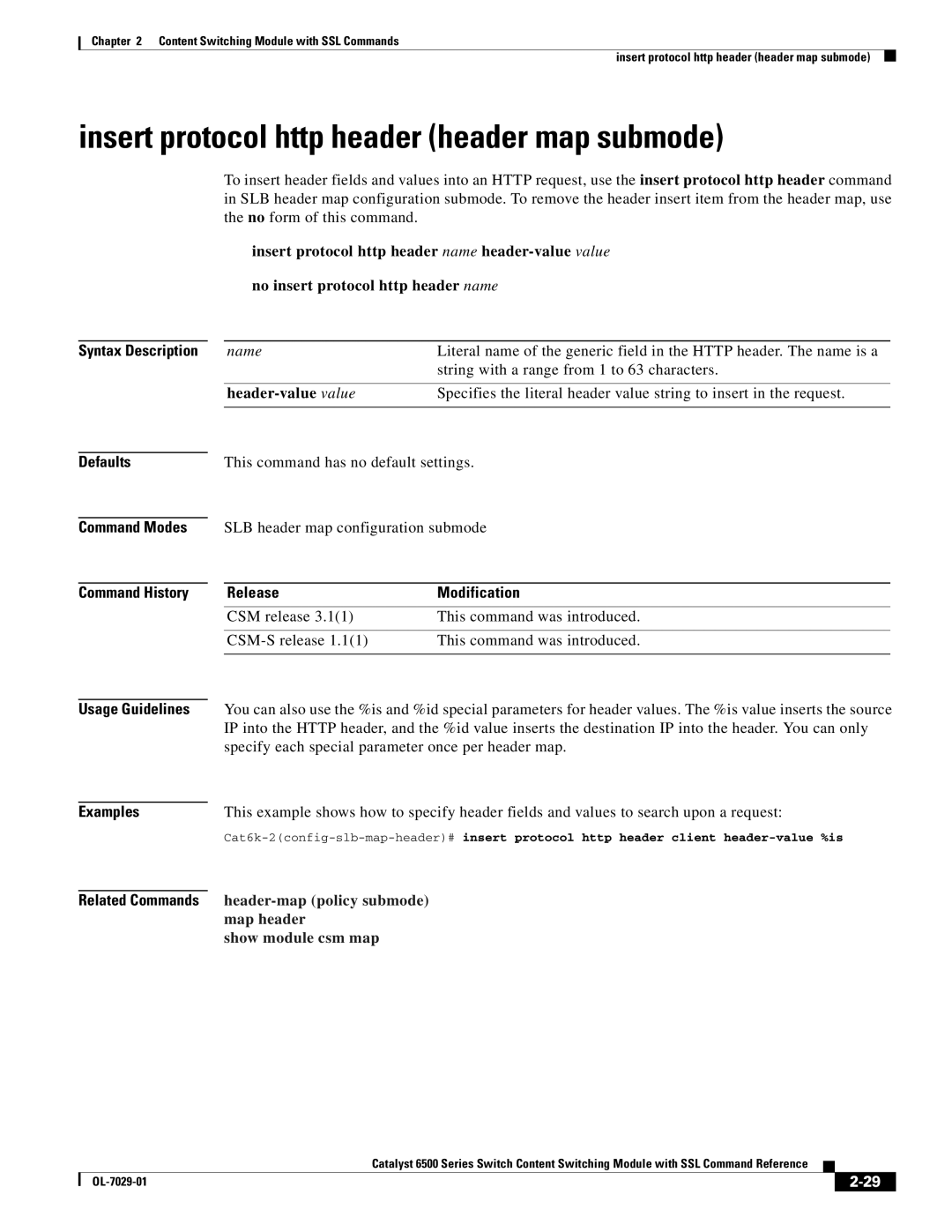 Cisco Systems OL-7029-01 manual Insert protocol http header header map submode, Header-value value 