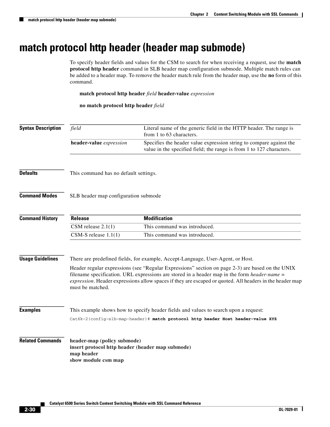 Cisco Systems OL-7029-01 manual Match protocol http header header map submode, Header-value expression, Must be matched 