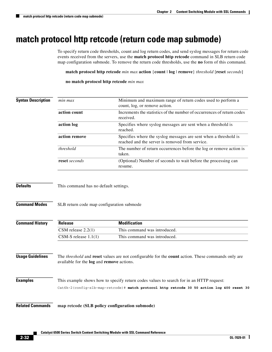 Cisco Systems OL-7029-01 Match protocol http retcode return code map submode, Action count, Action log, Action remove 