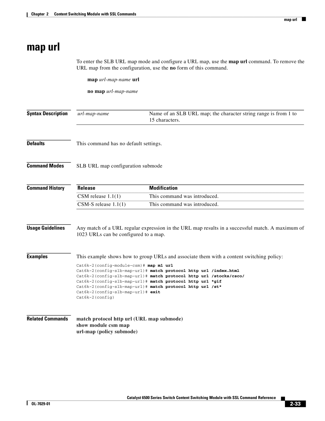 Cisco Systems OL-7029-01 manual Map url-map-name url no map url-map-name, Url-map-name 