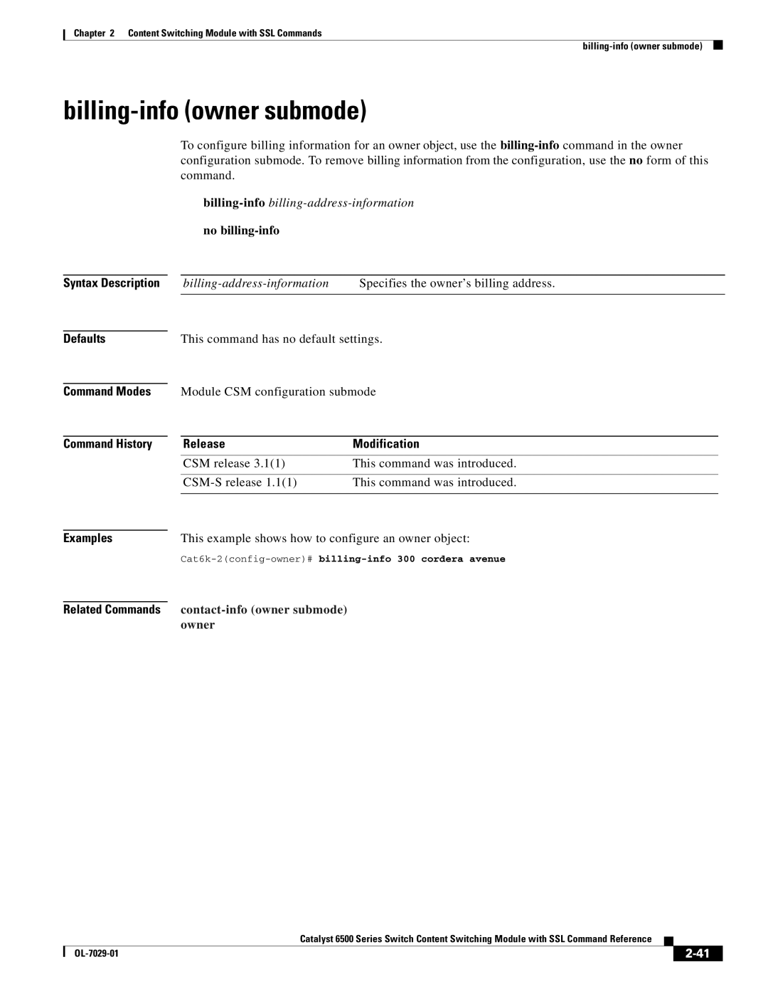 Cisco Systems OL-7029-01 manual Billing-info owner submode, Billing-infobilling-address-information, No billing-info, Owner 