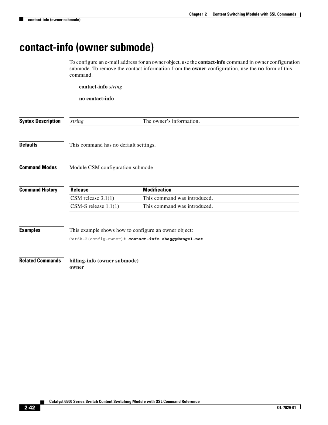 Cisco Systems OL-7029-01 manual Contact-info owner submode, Contact-info string no contact-info, String Owner’s information 