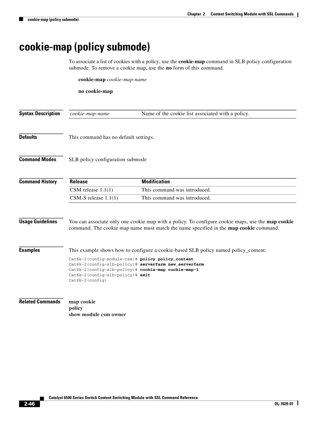 Cisco Systems OL-7029-01 manual Cookie-map policy submode, Cookie-mapcookie-map-name, No cookie-map, Map cookie 