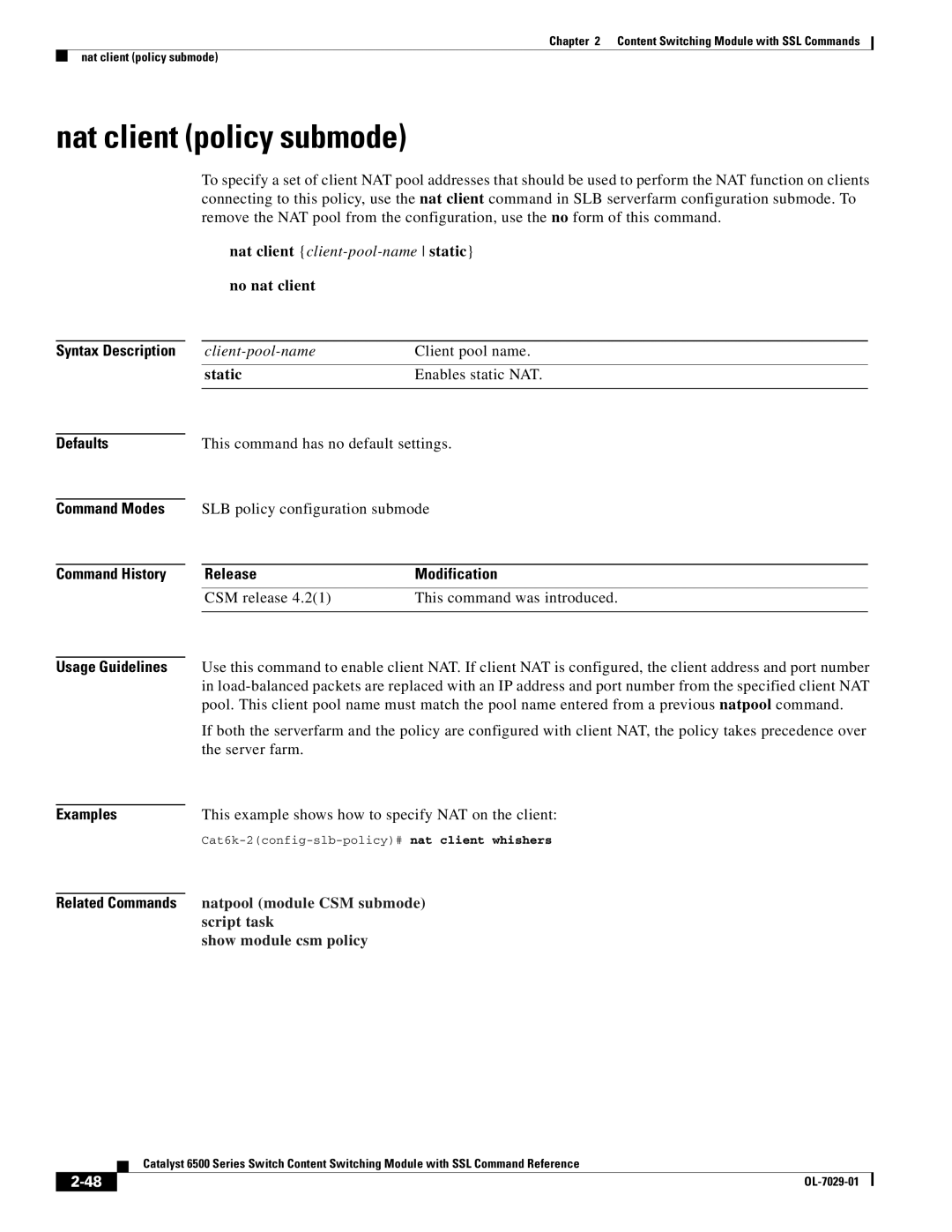 Cisco Systems OL-7029-01 manual Nat client policy submode, No nat client, Static, Natpool module CSM submode 