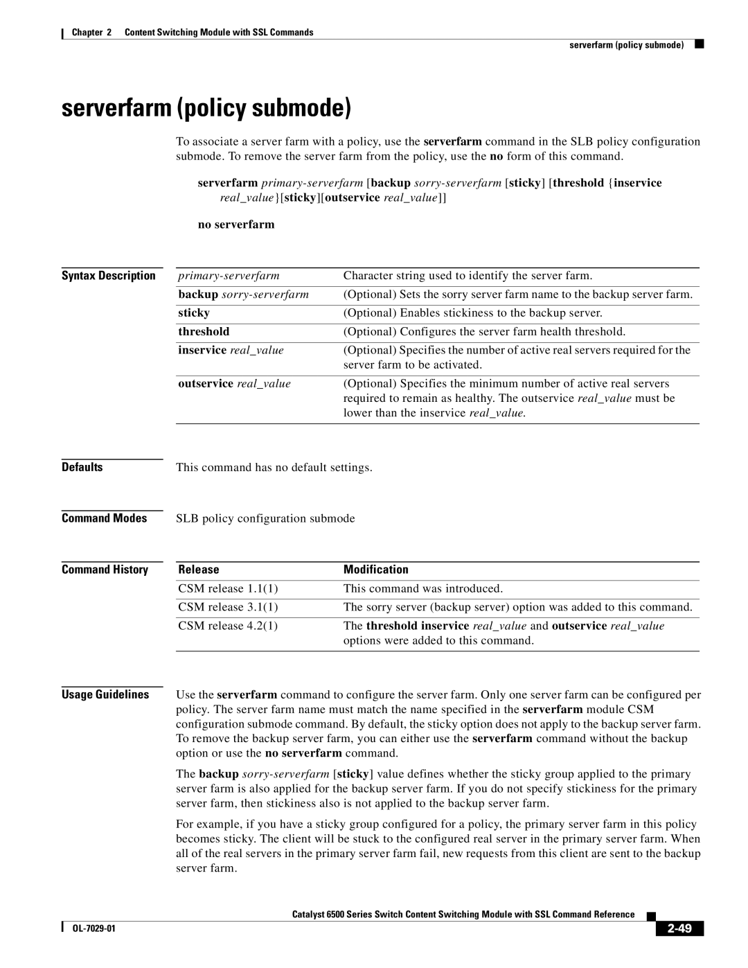 Cisco Systems OL-7029-01 manual Serverfarm policy submode 