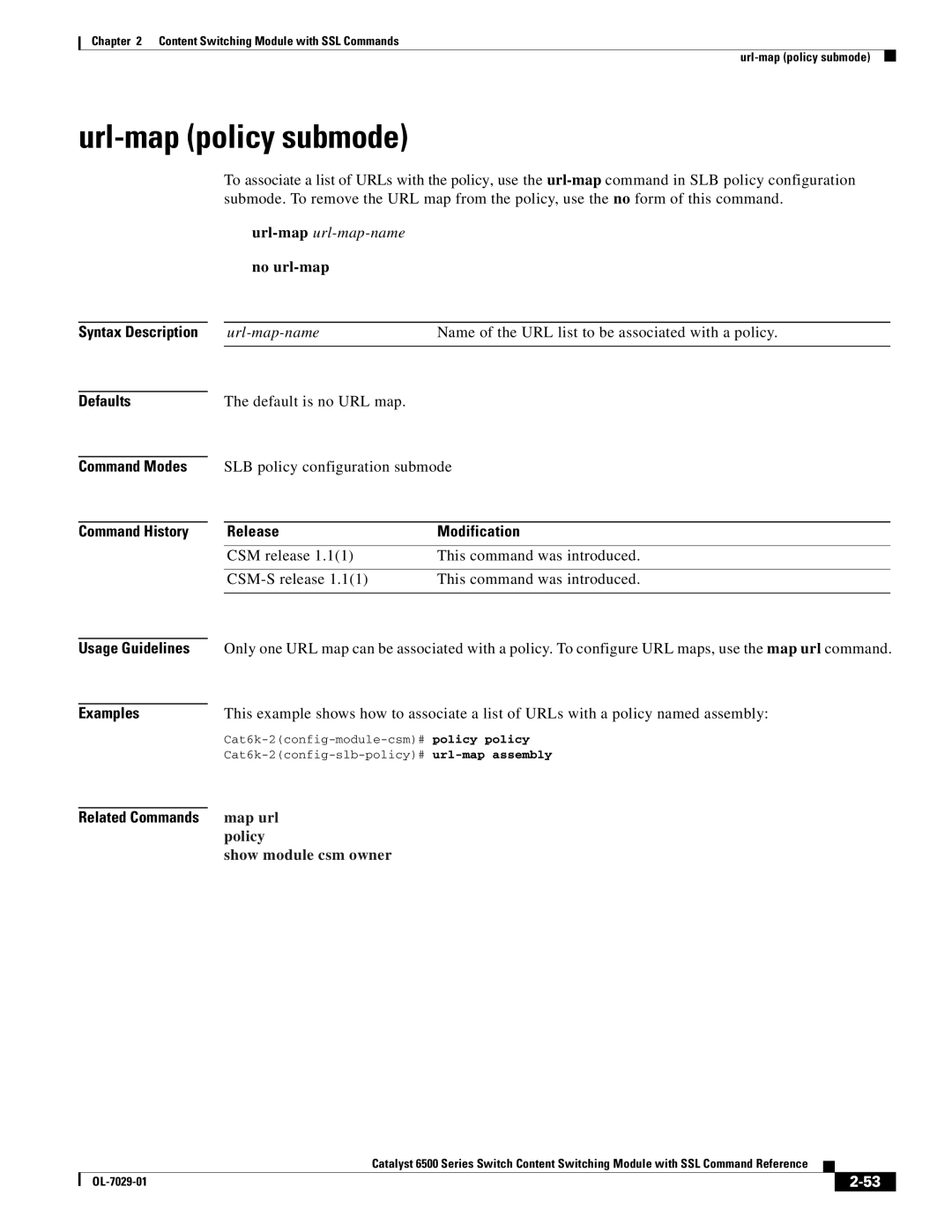 Cisco Systems OL-7029-01 manual Url-map policy submode, Url-mapurl-map-name no url-map, Default is no URL map, Map url 