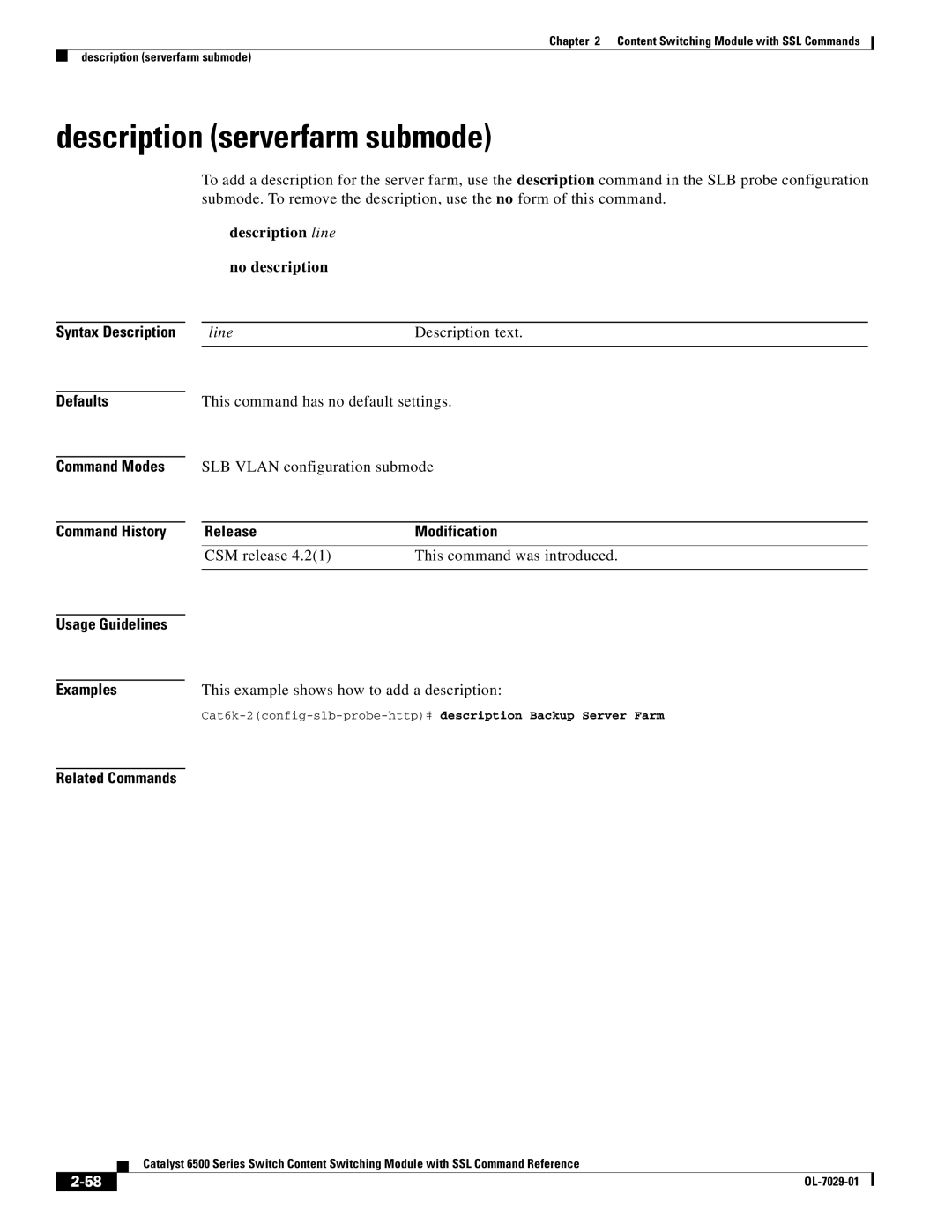 Cisco Systems OL-7029-01 manual Description serverfarm submode, Description line No description, Line Description text 