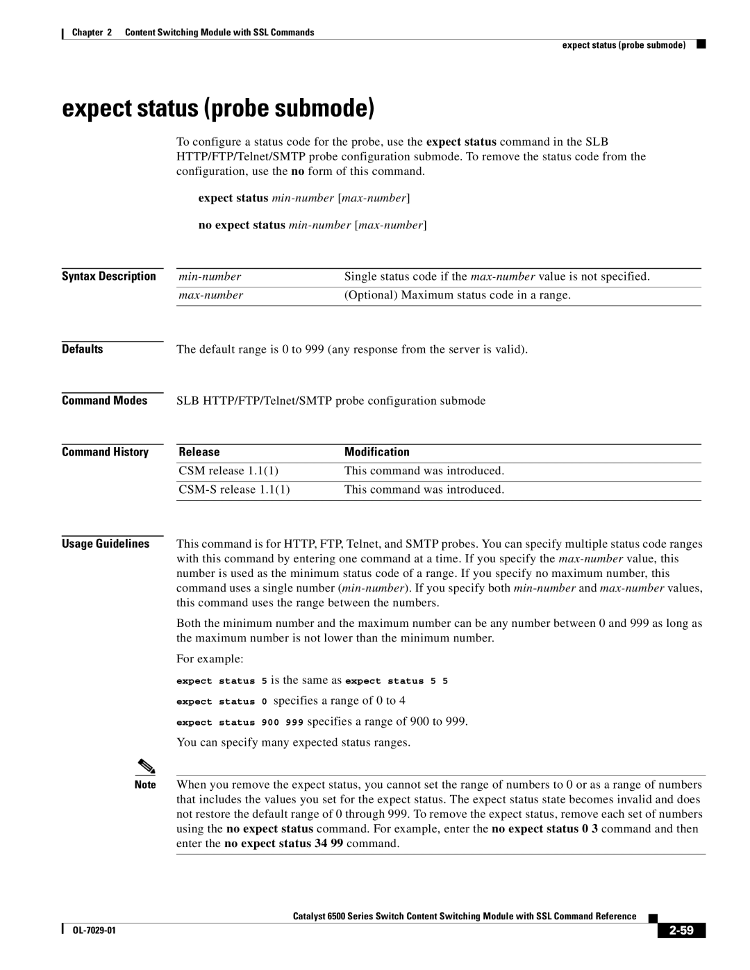 Cisco Systems OL-7029-01 manual Expect status probe submode, Enter the no expect status 34 99 command 