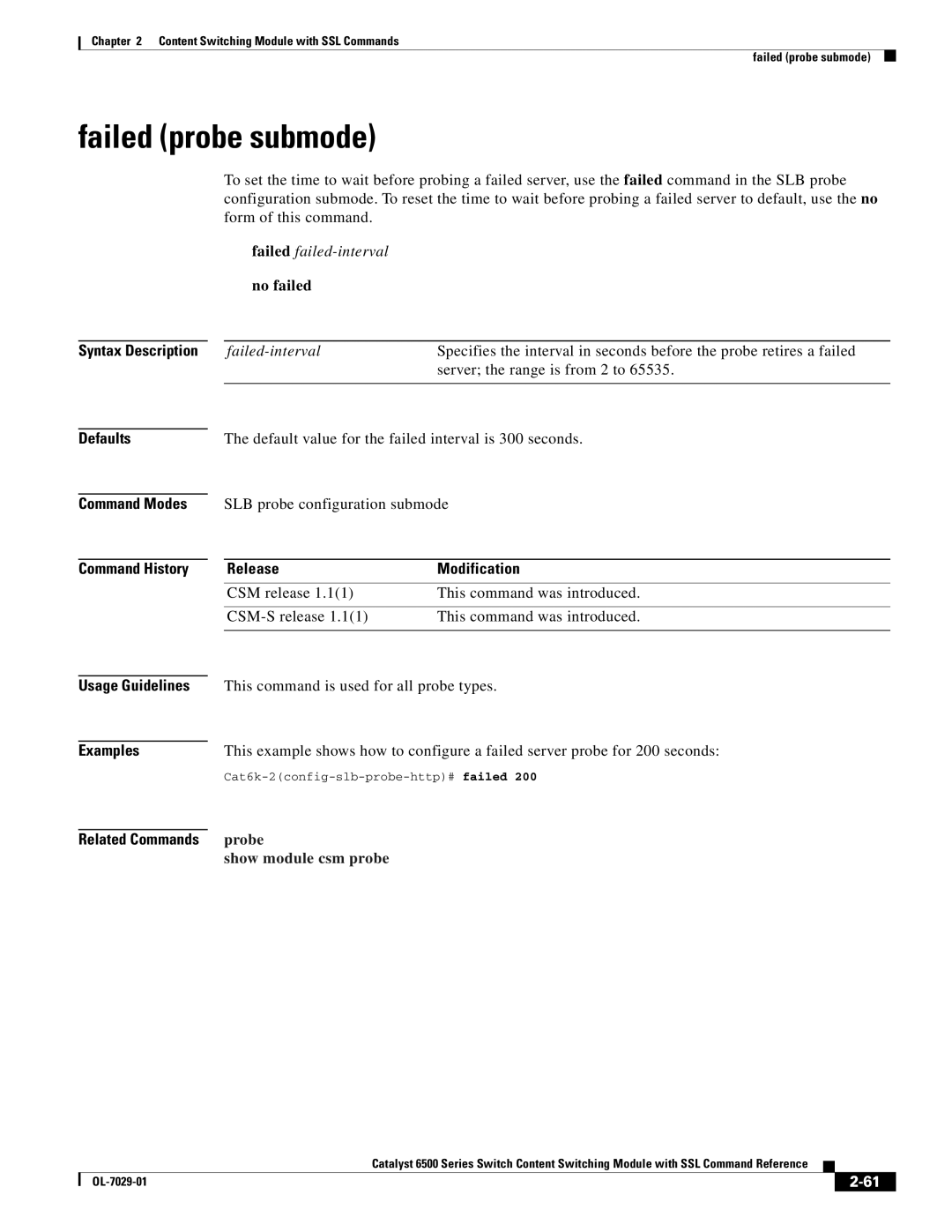 Cisco Systems OL-7029-01 Failed probe submode, Failed failed-interval no failed, This command is used for all probe types 