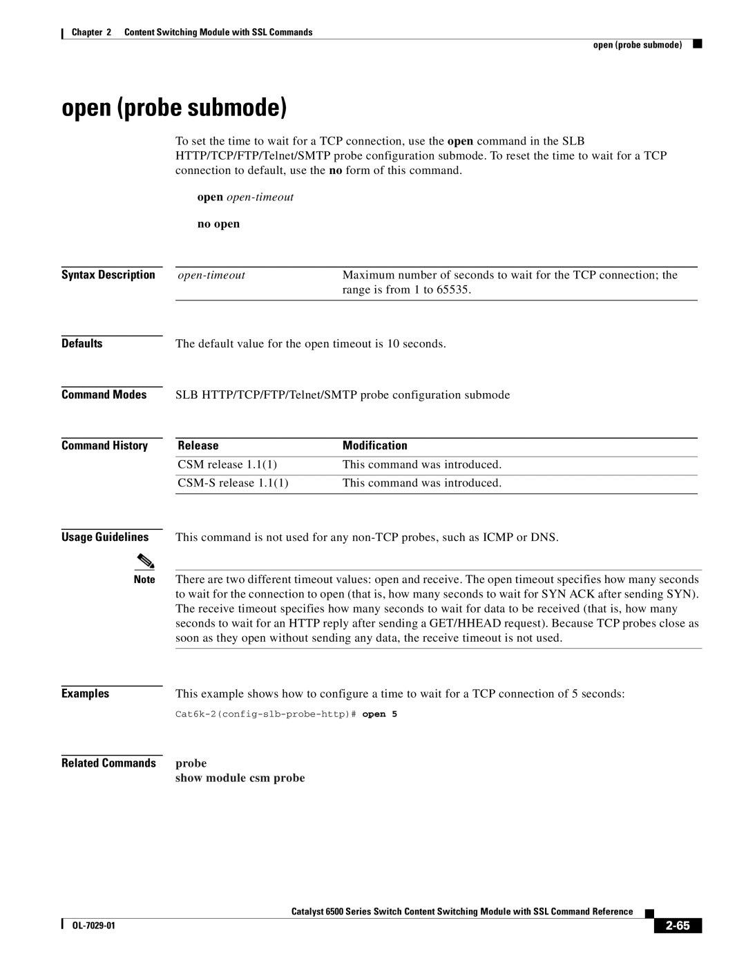 Cisco Systems OL-7029-01 Open probe submode, Open open-timeout no open, Default value for the open timeout is 10 seconds 