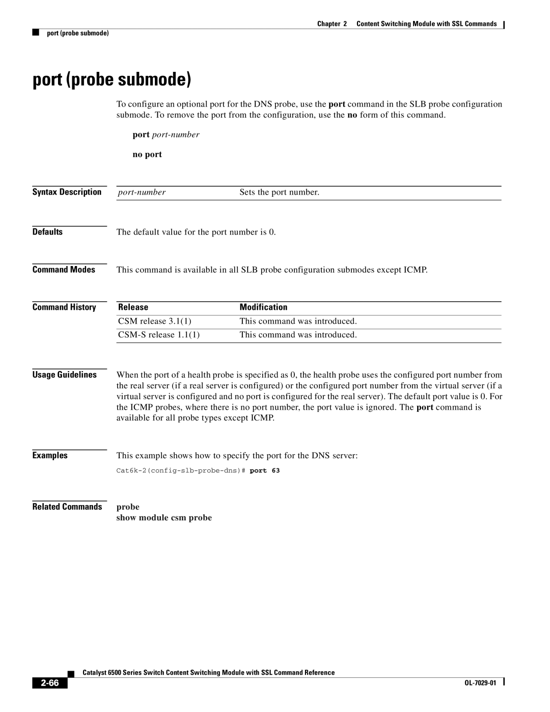 Cisco Systems OL-7029-01 manual Port probe submode, Port port-number no port, Port-number Sets the port number 