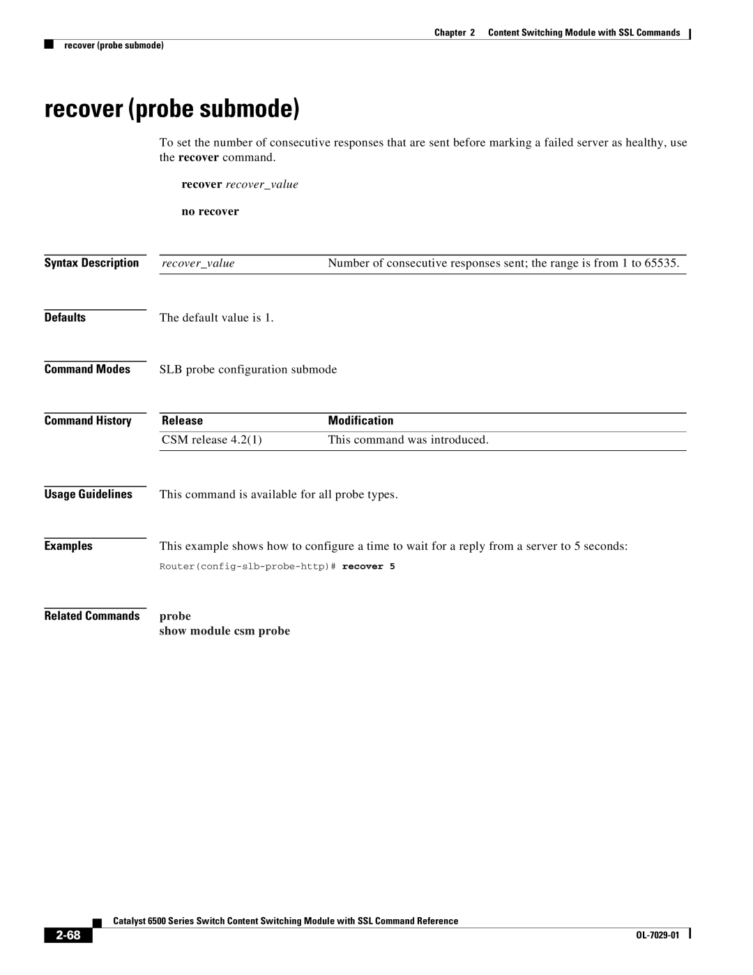 Cisco Systems OL-7029-01 manual Recover probe submode, Recover recovervalue no recover, Default value is 