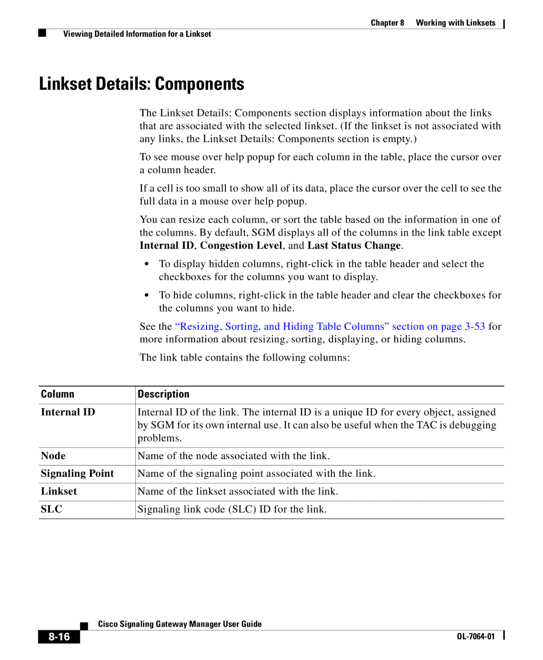 Cisco Systems OL-7064-01 manual Linkset Details Components 