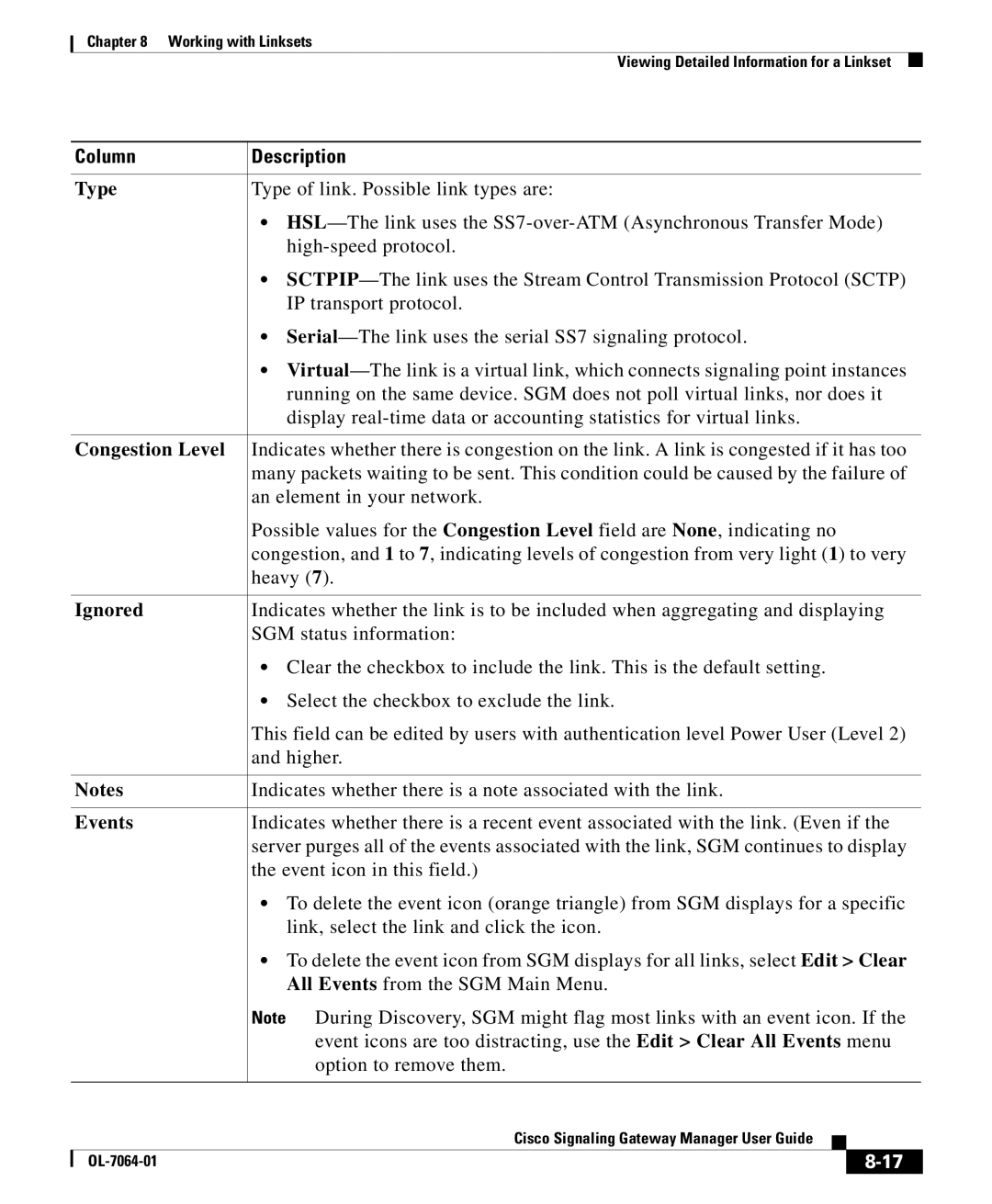 Cisco Systems OL-7064-01 manual Type Type of link. Possible link types are, Select the checkbox to exclude the link 