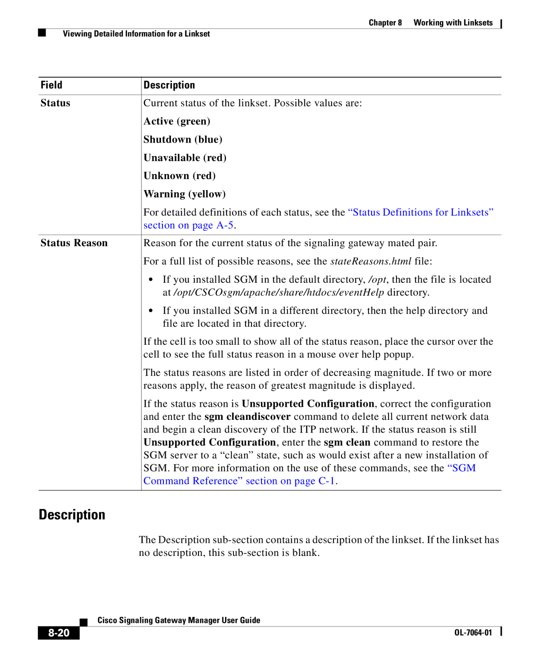 Cisco Systems OL-7064-01 manual Description, Current status of the linkset. Possible values are, Status Reason 