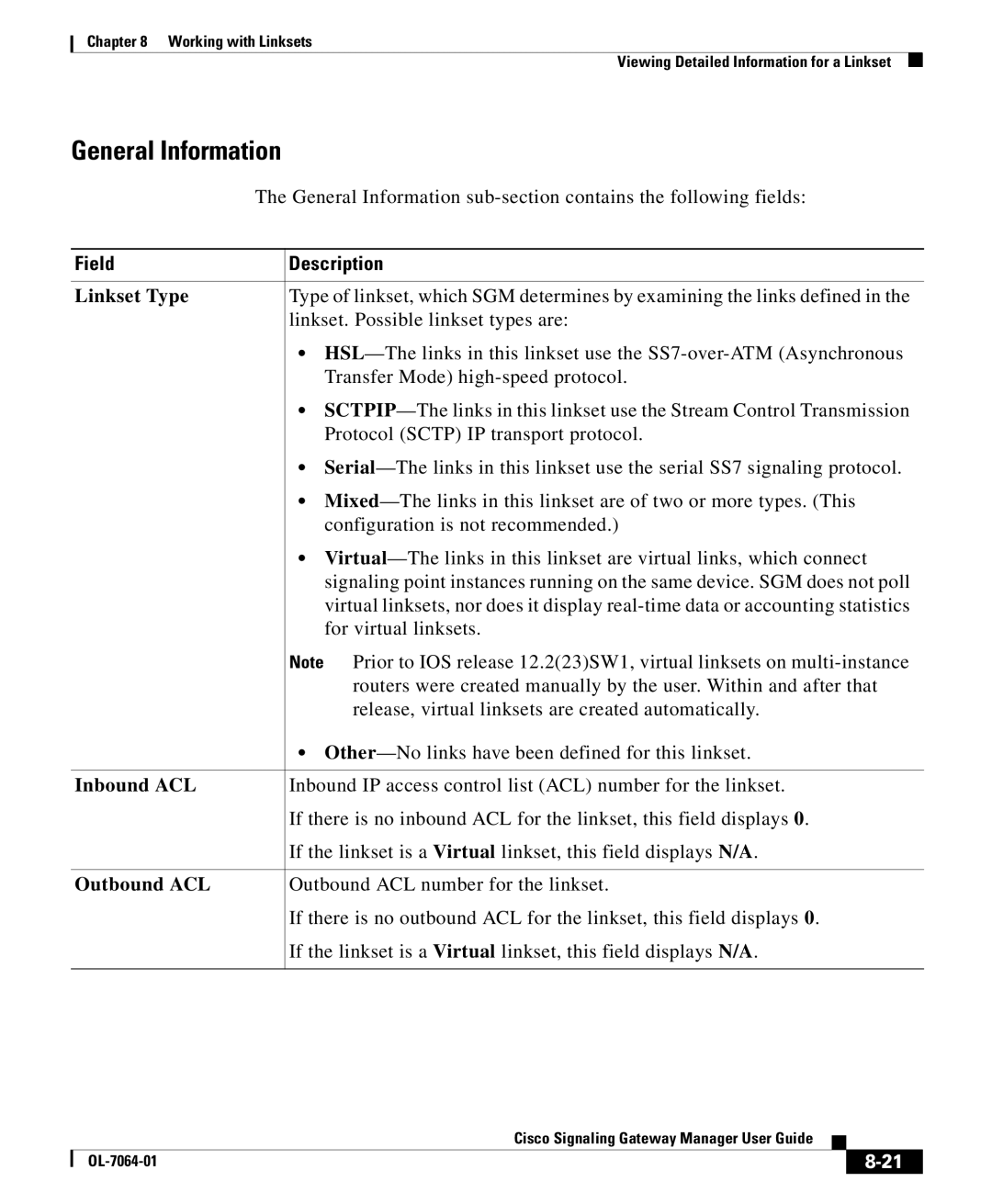 Cisco Systems OL-7064-01 manual General Information, Linkset Type, Inbound ACL, Outbound ACL 