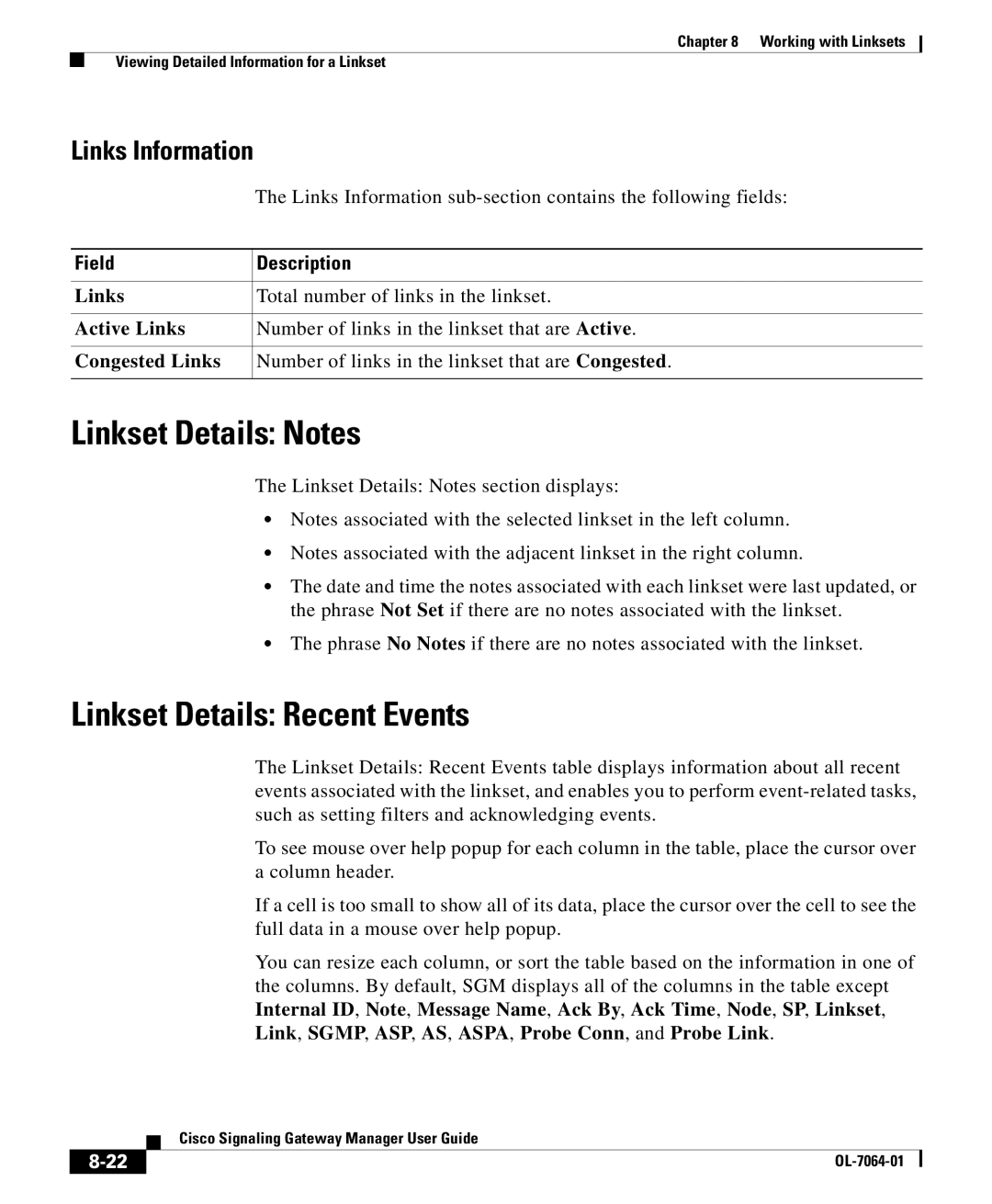 Cisco Systems OL-7064-01 manual Linkset Details Notes, Linkset Details Recent Events, Links Information 