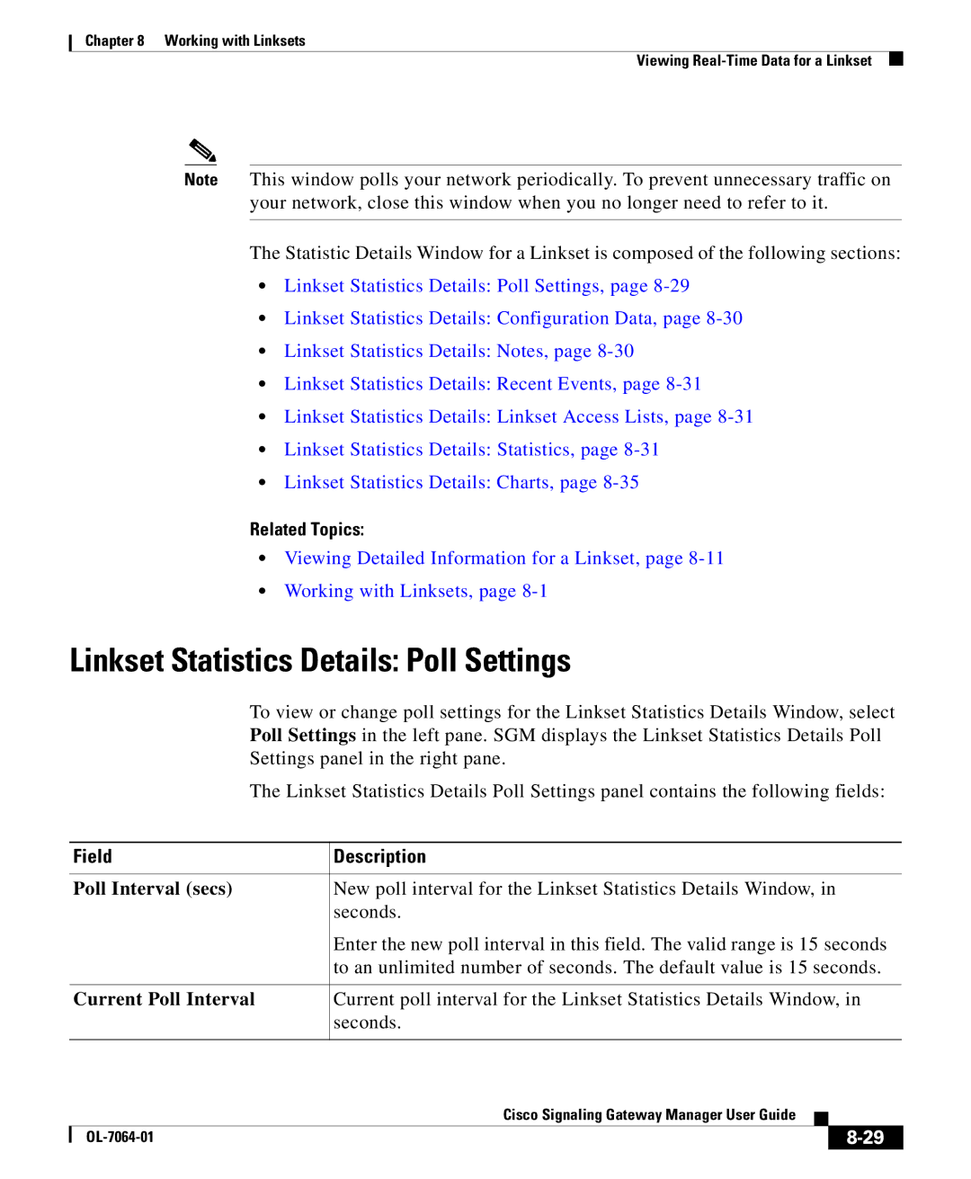 Cisco Systems OL-7064-01 Linkset Statistics Details Poll Settings, Poll Interval secs, Seconds, Current Poll Interval 