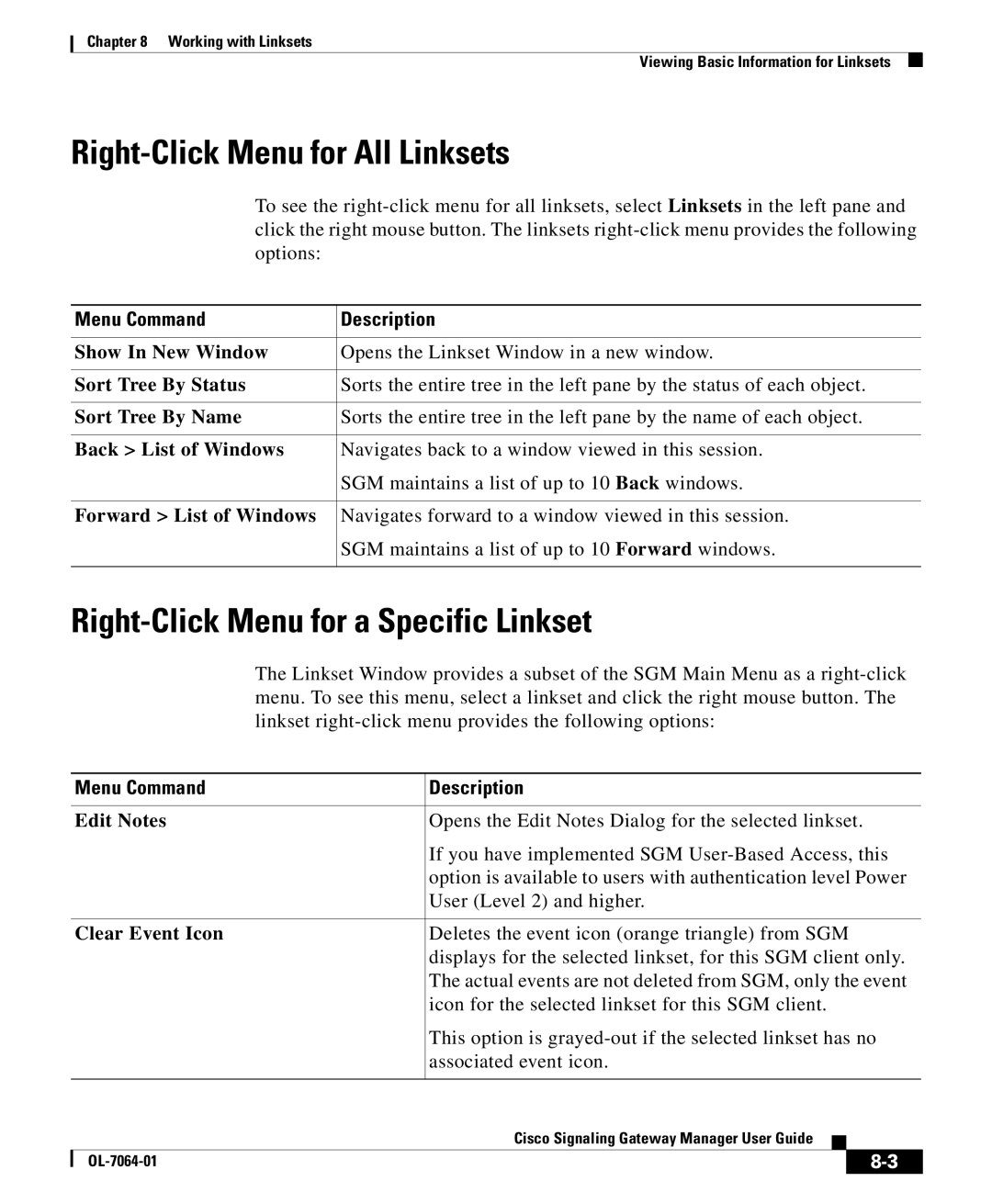 Cisco Systems OL-7064-01 manual Right-Click Menu for All Linksets, Right-Click Menu for a Specific Linkset 