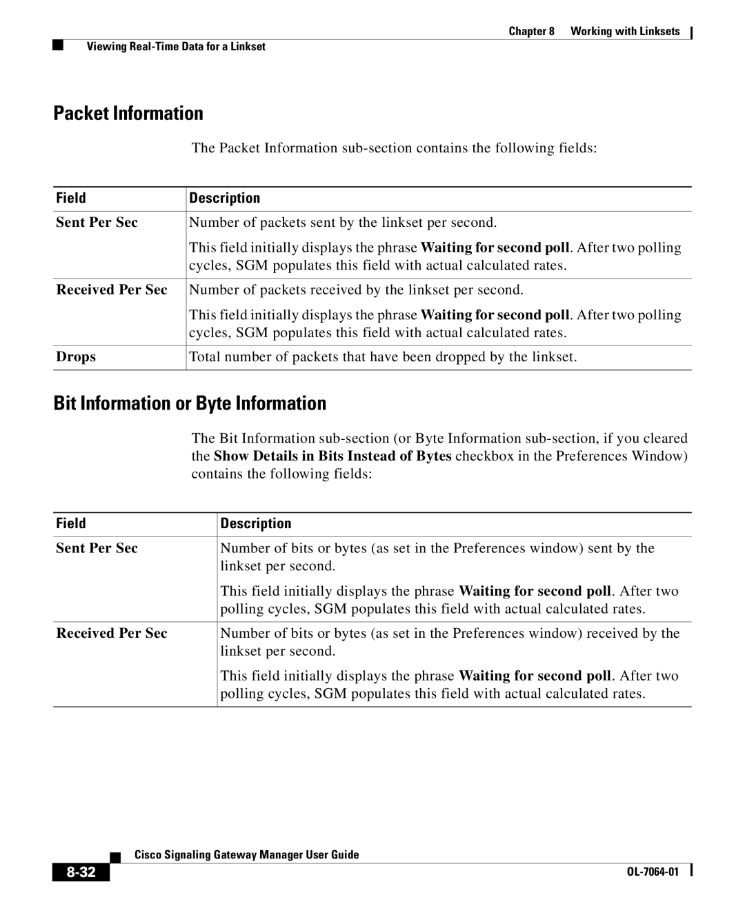 Cisco Systems OL-7064-01 Packet Information, Bit Information or Byte Information, Sent Per Sec, Received Per Sec, Drops 