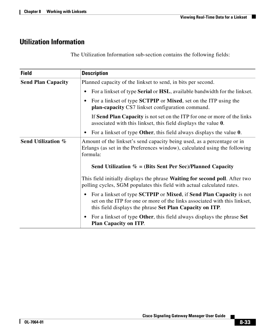 Cisco Systems OL-7064-01 manual Utilization Information, Send Plan Capacity, Send Utilization %, Plan Capacity on ITP 