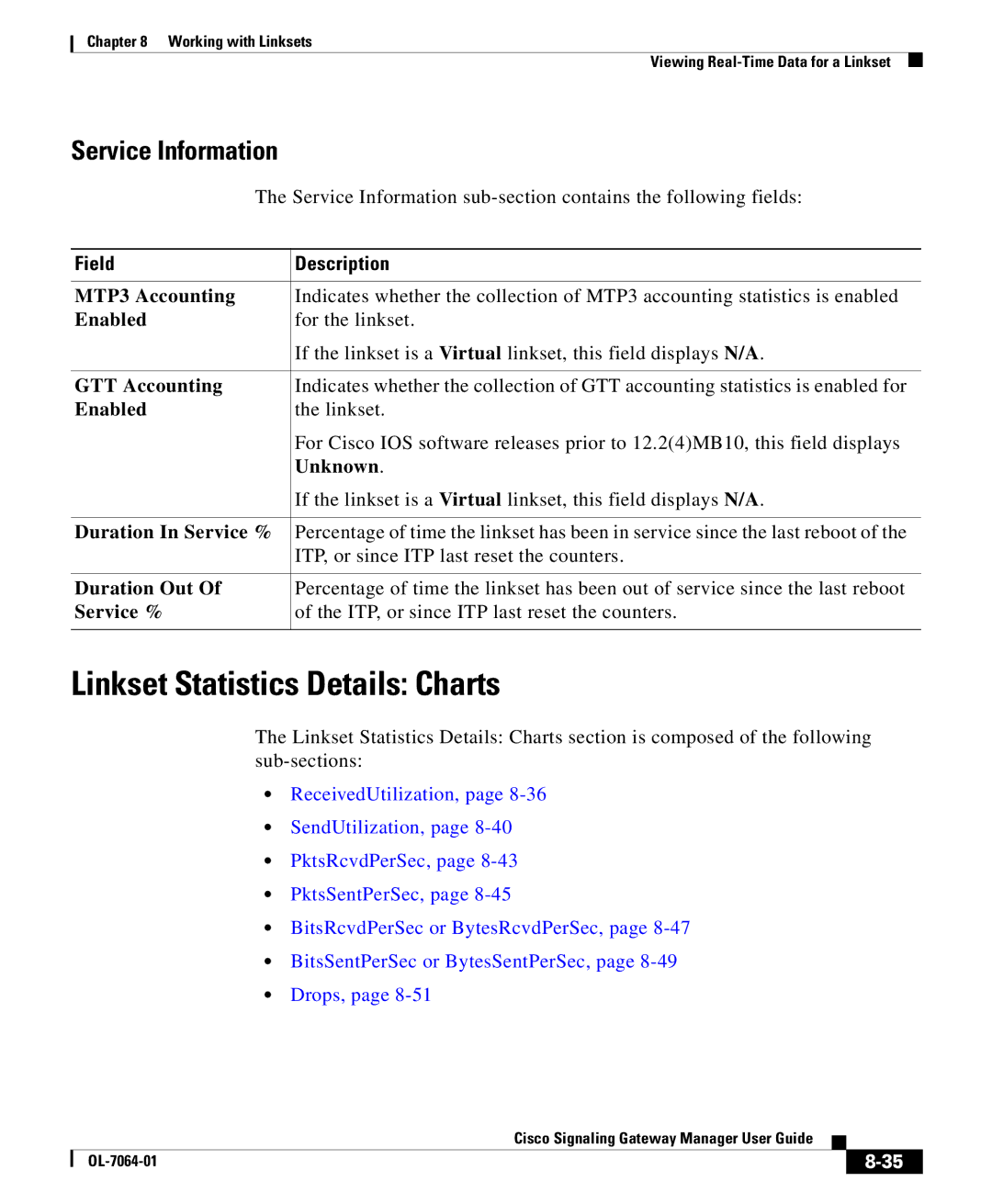 Cisco Systems OL-7064-01 manual Linkset Statistics Details Charts, Service Information 