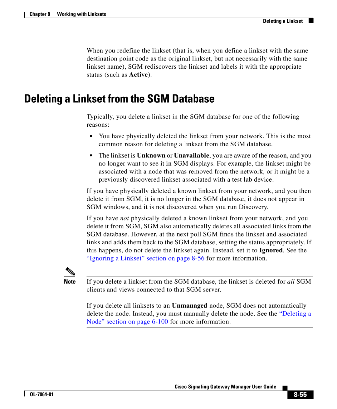 Cisco Systems OL-7064-01 manual Deleting a Linkset from the SGM Database 