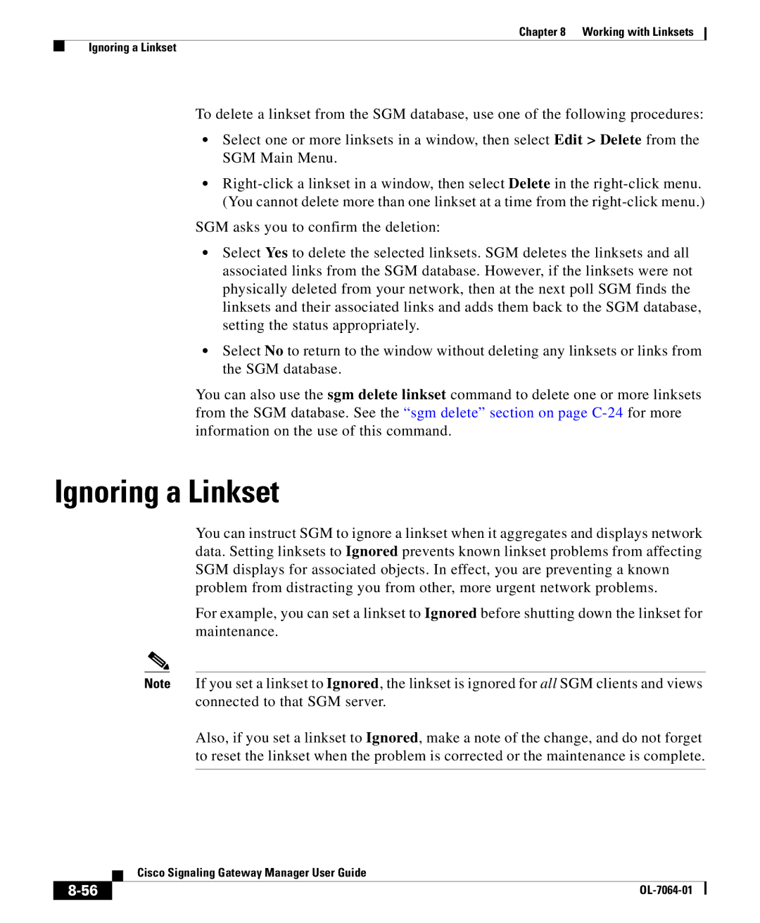 Cisco Systems OL-7064-01 manual Ignoring a Linkset 