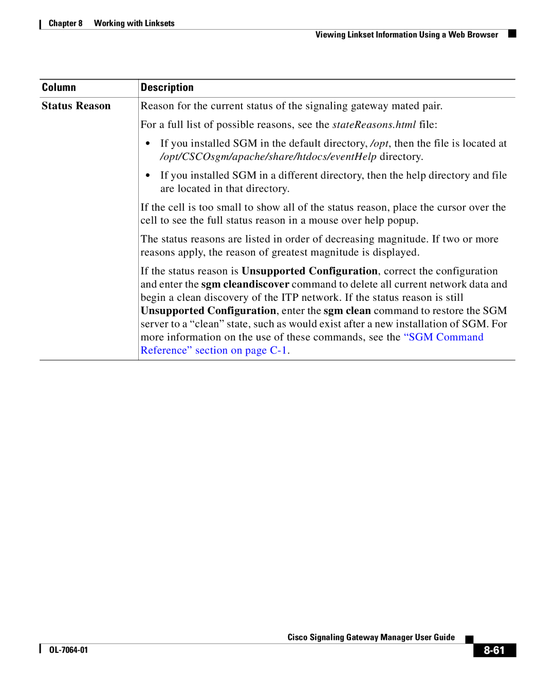 Cisco Systems OL-7064-01 manual Status Reason 