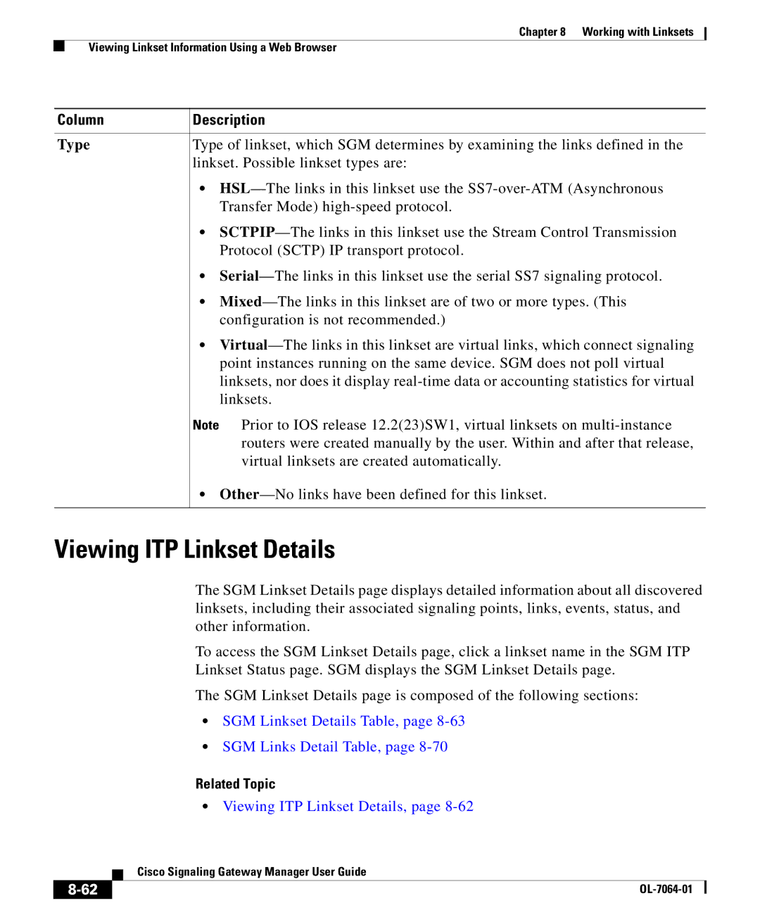 Cisco Systems OL-7064-01 manual Viewing ITP Linkset Details, Related Topic 