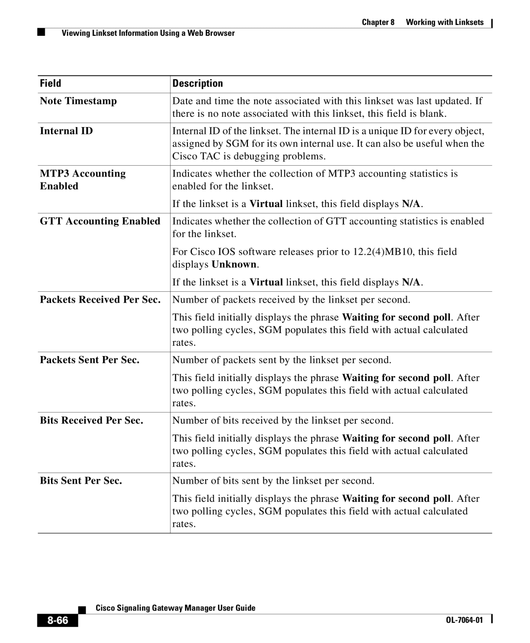 Cisco Systems OL-7064-01 GTT Accounting Enabled, Packets Received Per Sec, Packets Sent Per Sec, Bits Received Per Sec 