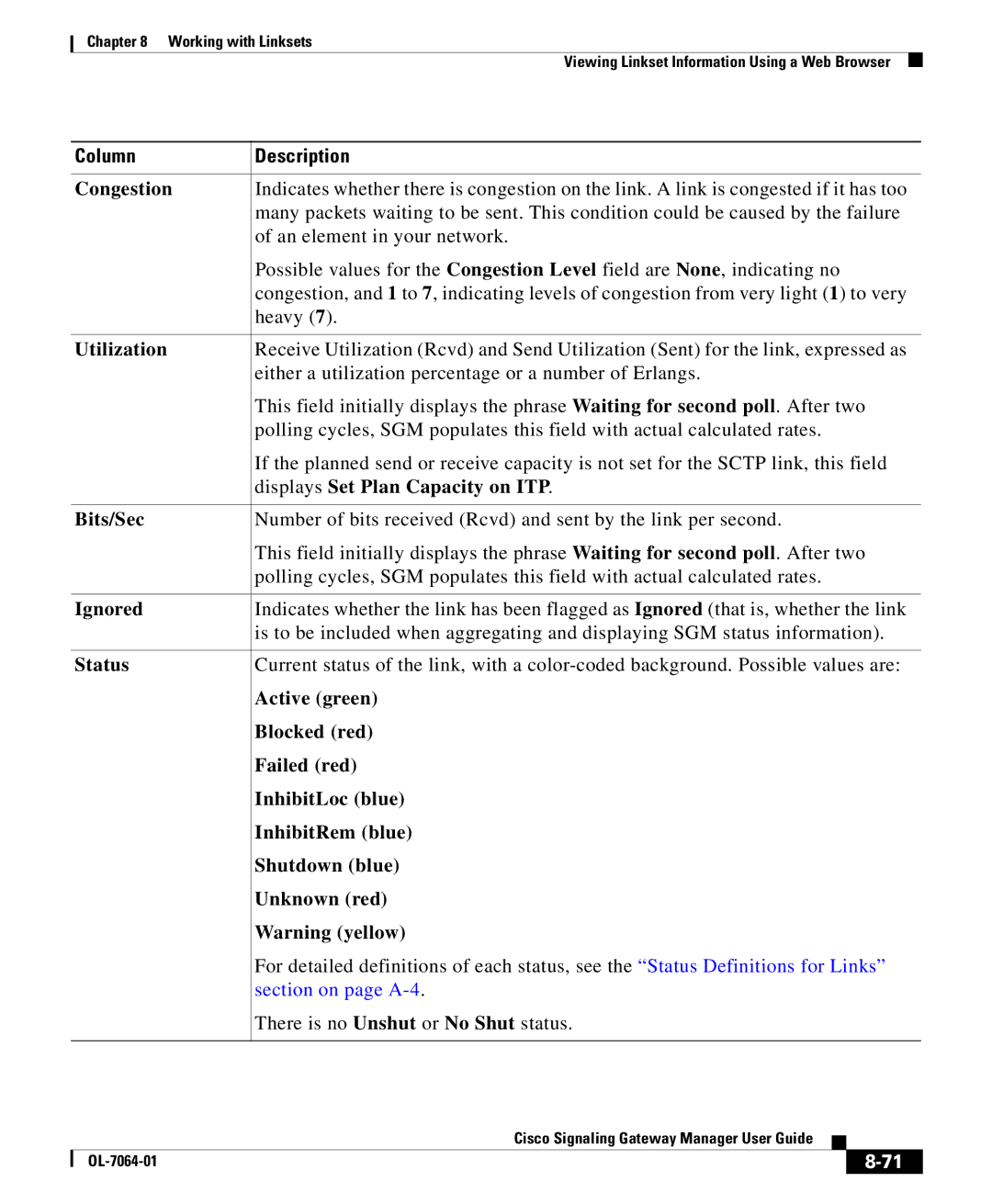 Cisco Systems OL-7064-01 manual Congestion, Utilization, Either a utilization percentage or a number of Erlangs, Bits/Sec 