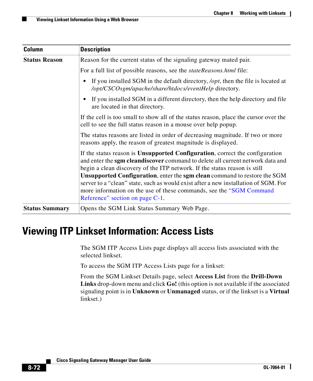 Cisco Systems OL-7064-01 manual Viewing ITP Linkset Information Access Lists, Status Reason 