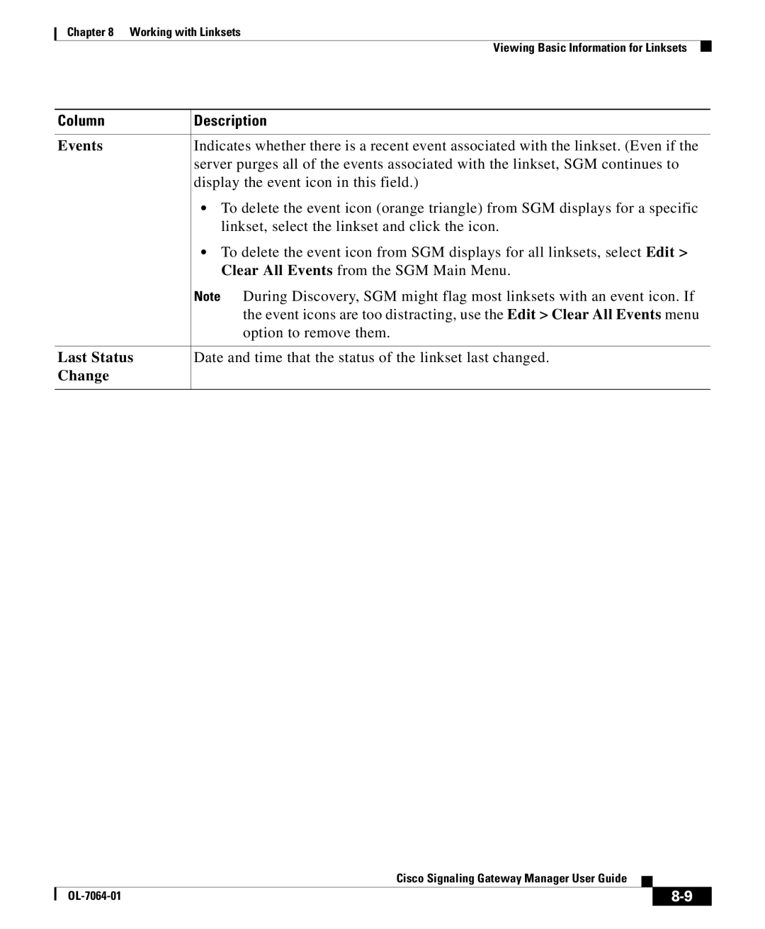 Cisco Systems OL-7064-01 manual Events, Display the event icon in this field, Last Status, Change 