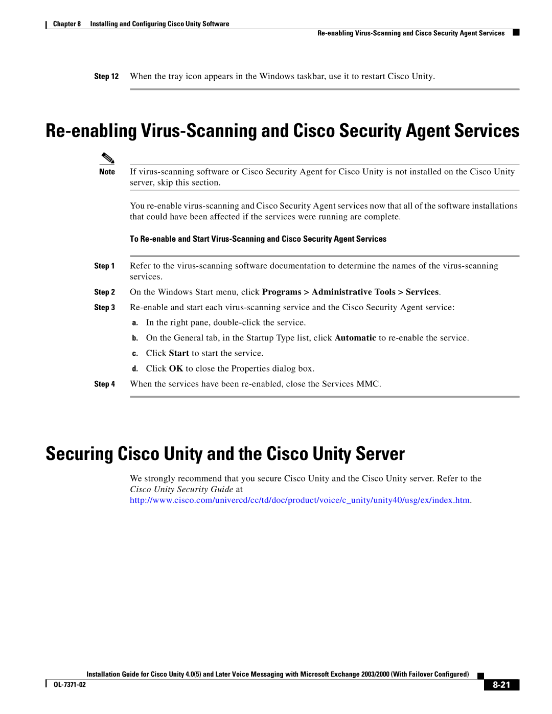 Cisco Systems OL-7371-02 manual Securing Cisco Unity and the Cisco Unity Server, Cisco Unity Security Guide at 