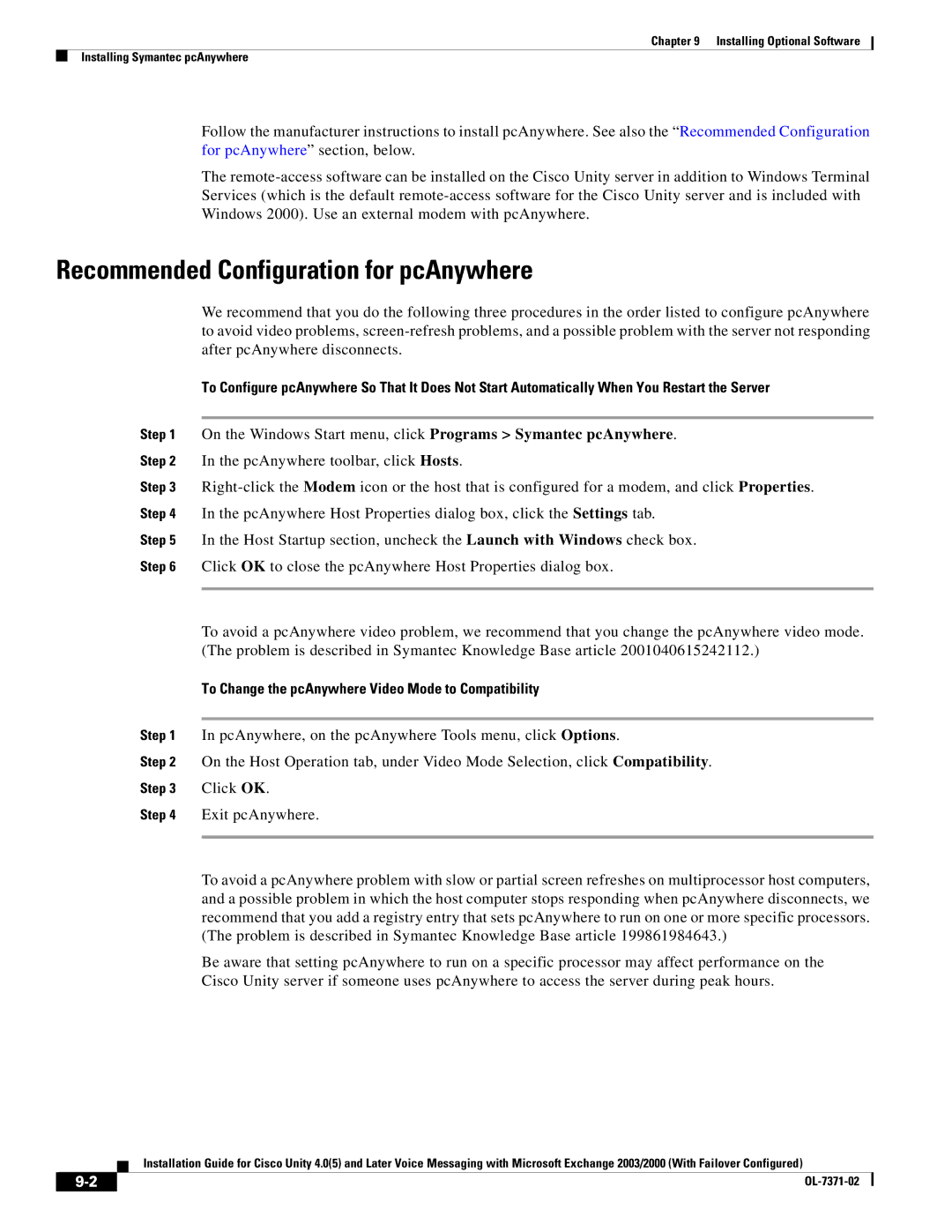 Cisco Systems OL-7371-02 Recommended Configuration for pcAnywhere, To Change the pcAnywhere Video Mode to Compatibility 