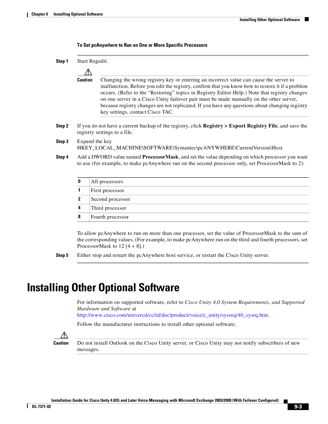 Cisco Systems OL-7371-02 Installing Other Optional Software, To Set pcAnywhere to Run on One or More Specific Processors 