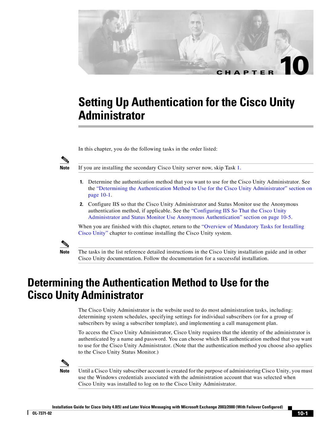 Cisco Systems OL-7371-02 manual Setting Up Authentication for the Cisco Unity Administrator, 10-1 