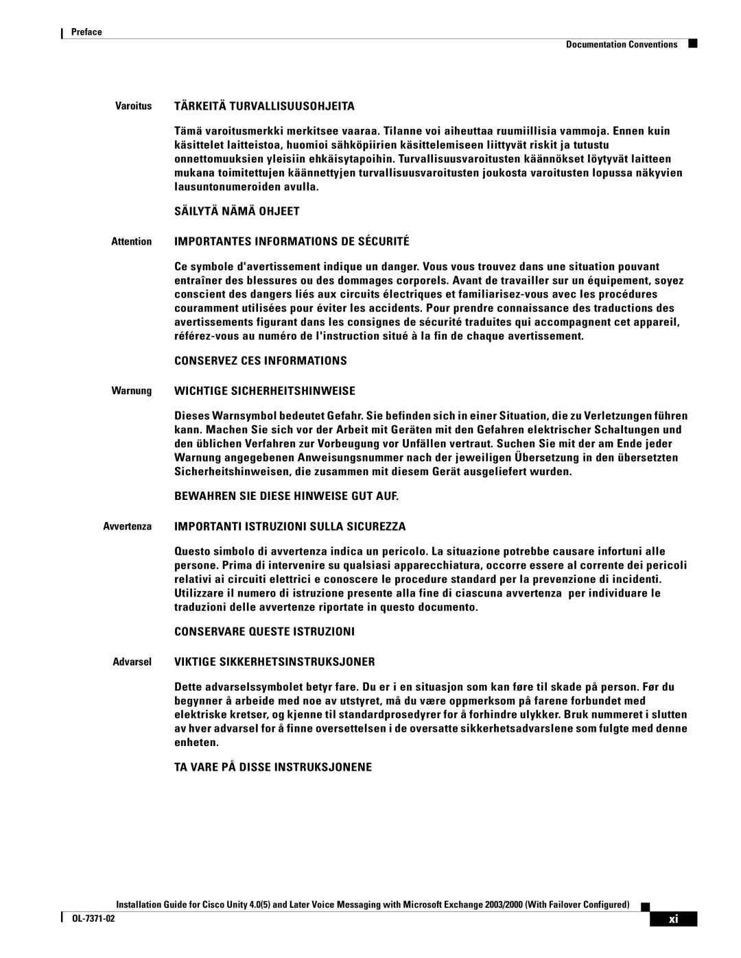 Cisco Systems OL-7371-02 manual Warnung Wichtige Sicherheitshinweise, Avvertenza Importanti Istruzioni Sulla Sicurezza 