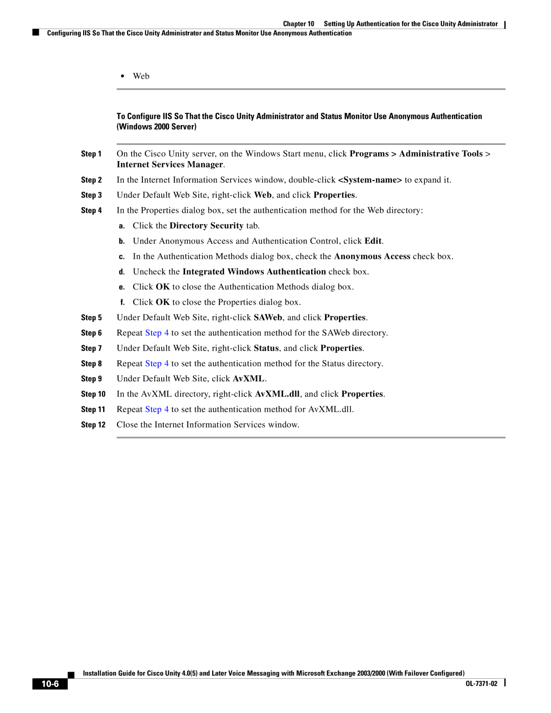 Cisco Systems OL-7371-02 manual Uncheck the Integrated Windows Authentication check box, 10-6 