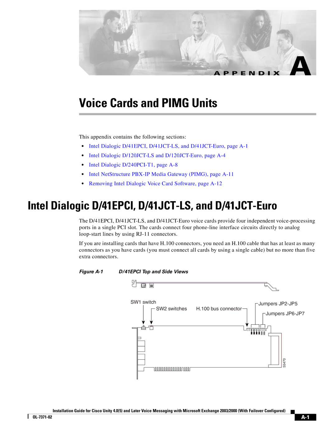 Cisco Systems OL-7371-02 manual Voice Cards and Pimg Units, Intel Dialogic D/41EPCI, D/41JCT-LS, and D/41JCT-Euro 