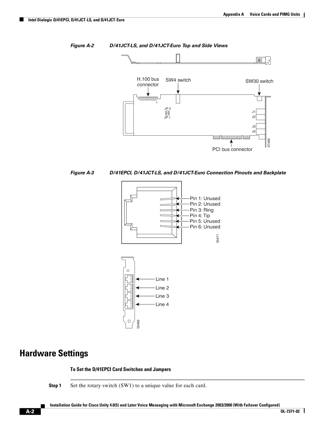 Cisco Systems OL-7371-02 manual Hardware Settings, To Set the D/41EPCI Card Switches and Jumpers 