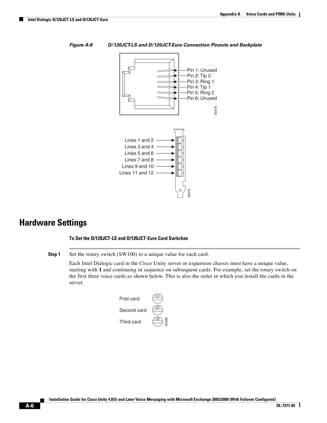 Cisco Systems OL-7371-02 manual Hardware Settings, To Set the D/120JCT-LS and D/120JCT-Euro Card Switches 