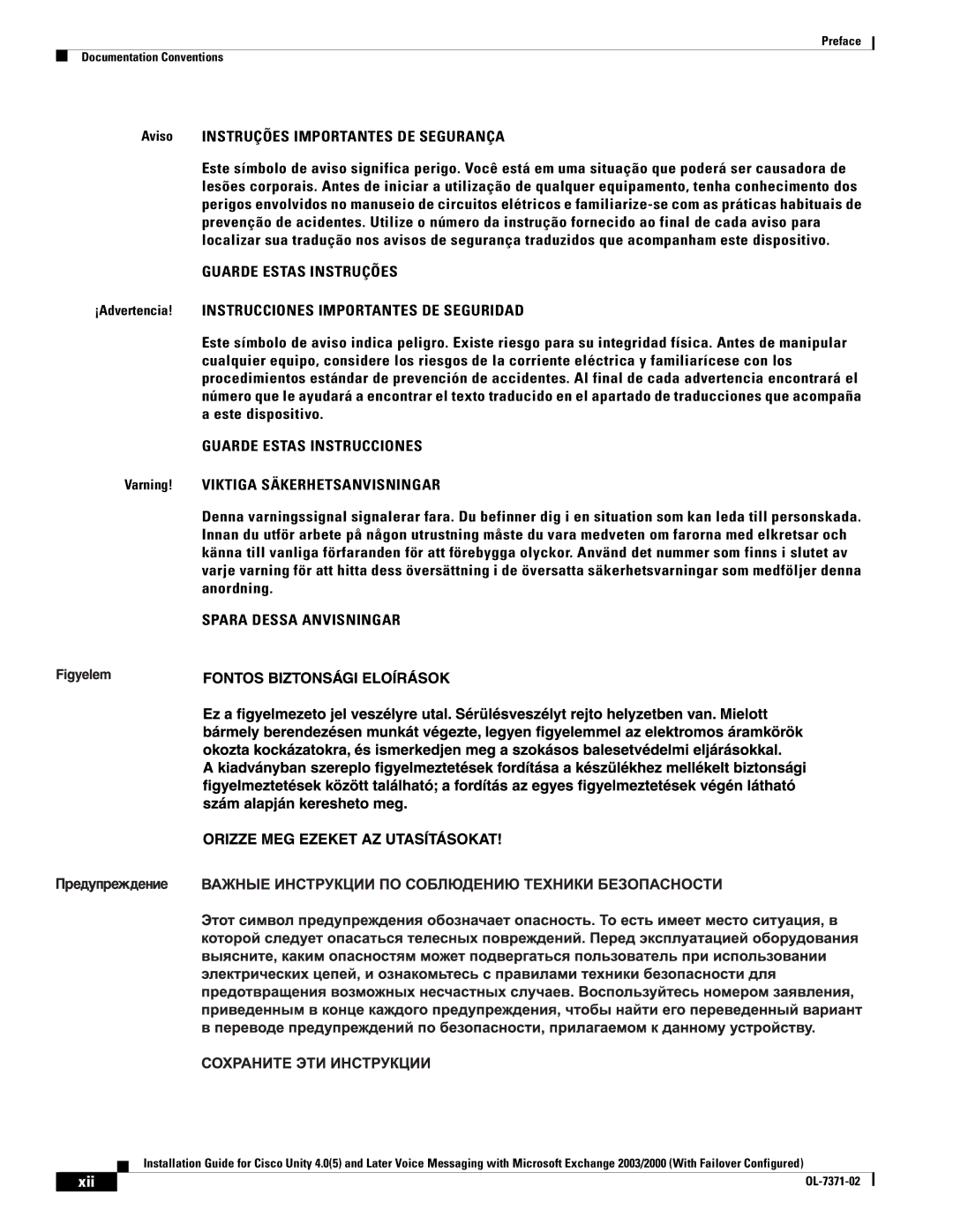 Cisco Systems OL-7371-02 manual Aviso Instruções Importantes DE Segurança, Xii 