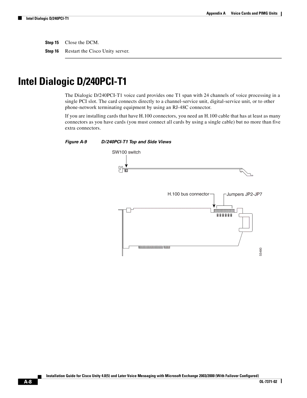 Cisco Systems OL-7371-02 manual Intel Dialogic D/240PCI-T1, SW100 switch Bus connector Jumpers JP2-JP7 