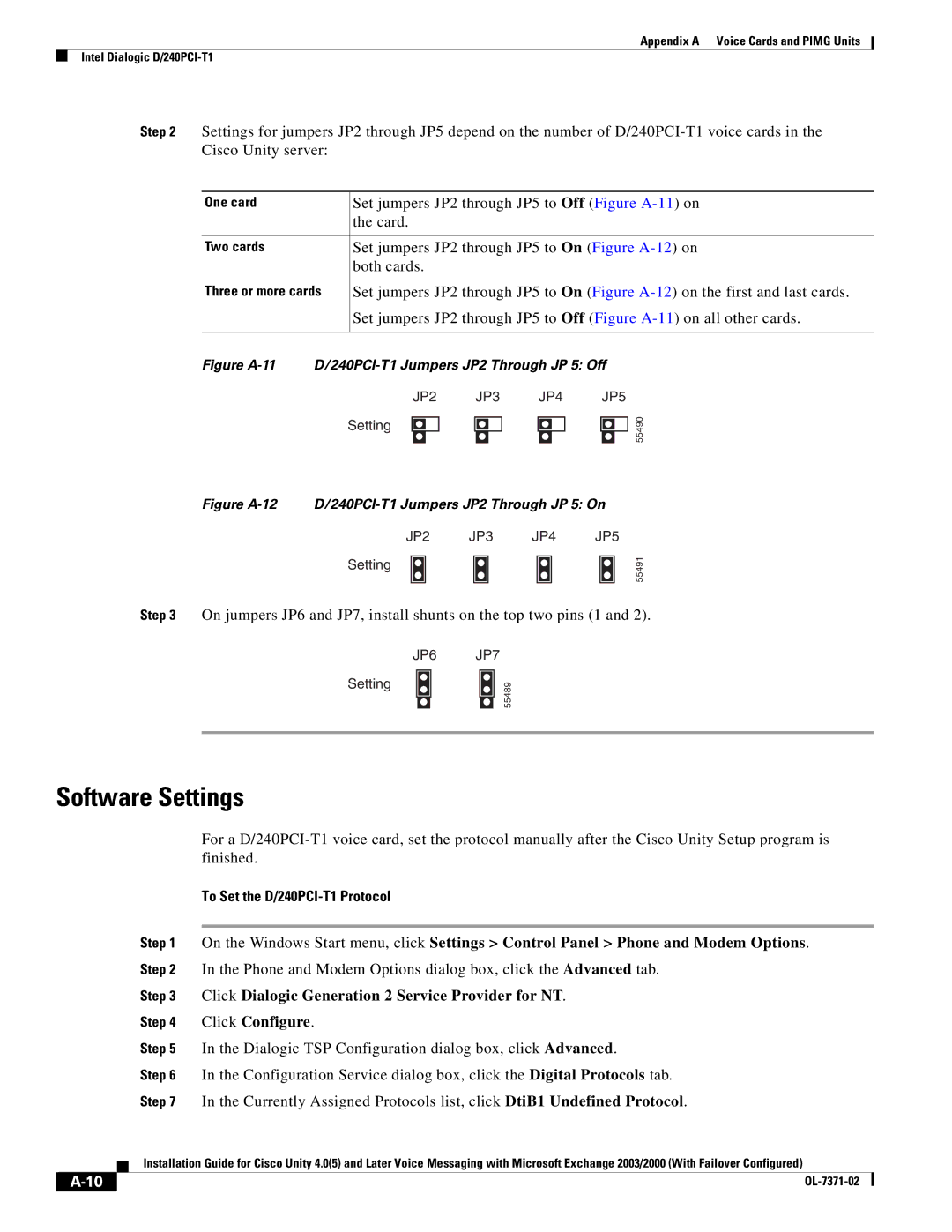 Cisco Systems OL-7371-02 manual To Set the D/240PCI-T1 Protocol, Figure A-11 240PCI-T1 Jumpers JP2 Through JP 5 Off 