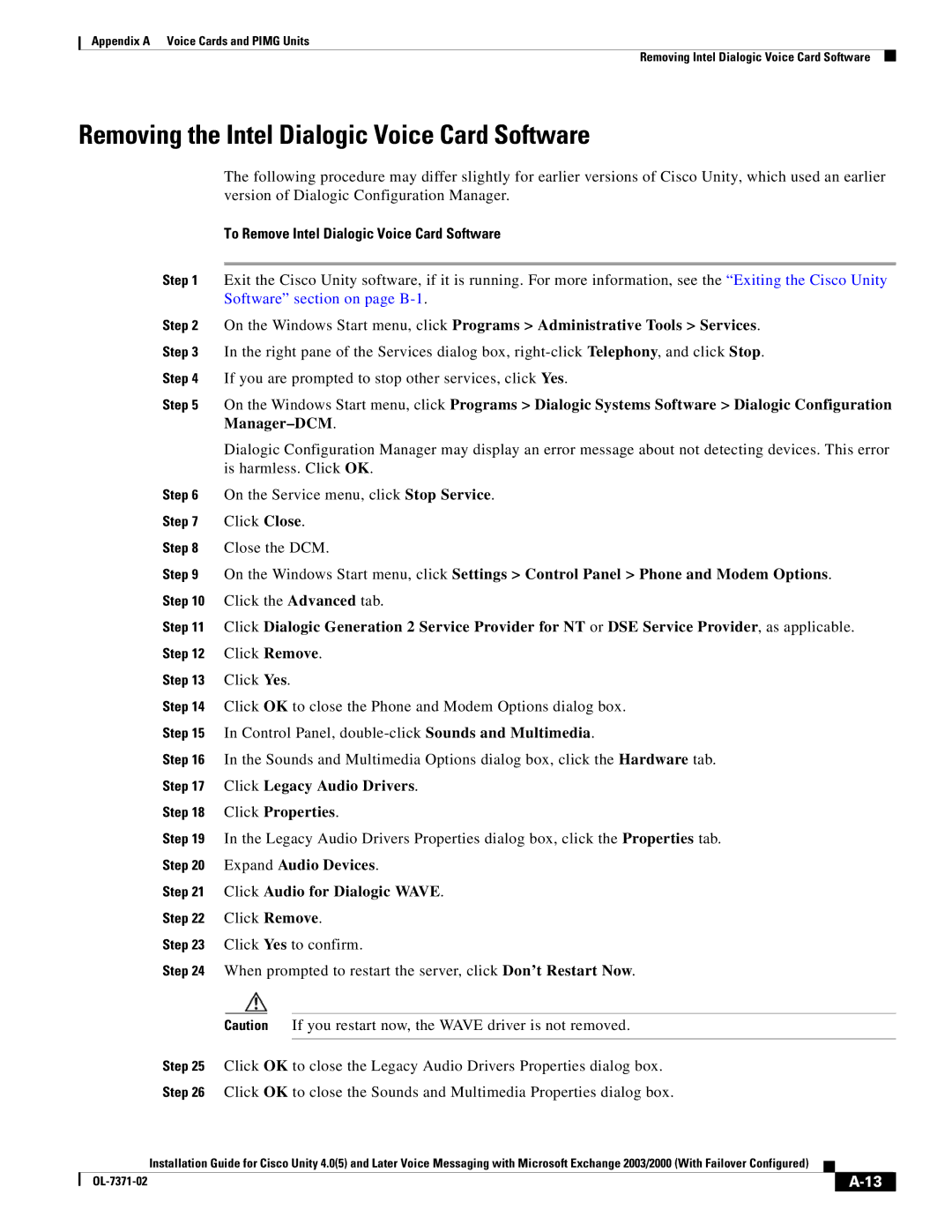 Cisco Systems OL-7371-02 Removing the Intel Dialogic Voice Card Software, To Remove Intel Dialogic Voice Card Software 