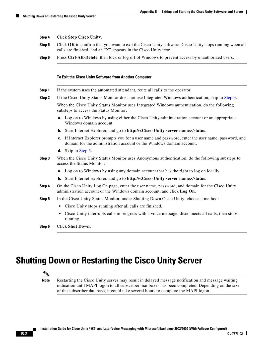 Cisco Systems OL-7371-02 manual Shutting Down or Restarting the Cisco Unity Server, Click Stop Cisco Unity, Click Shut Down 