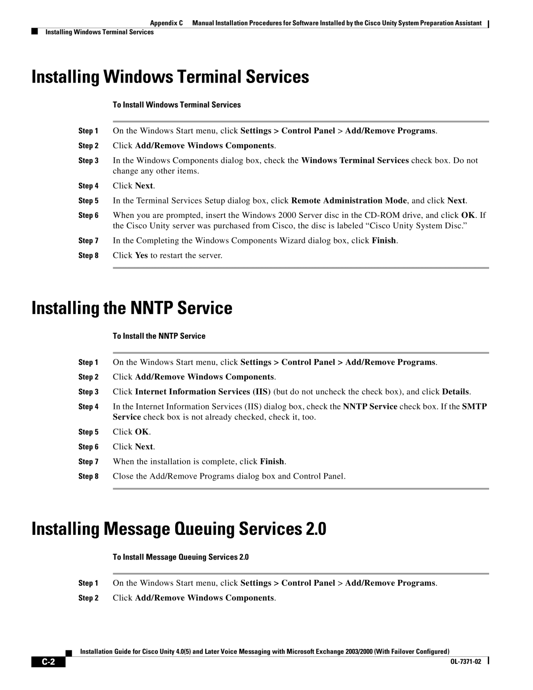 Cisco Systems OL-7371-02 manual Installing Windows Terminal Services, Installing the Nntp Service 